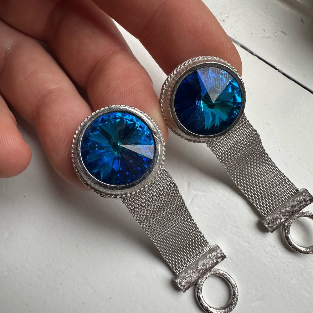 Vintage mesh wrap cufflinks feature blue rivoli rhinestones  by Dante.